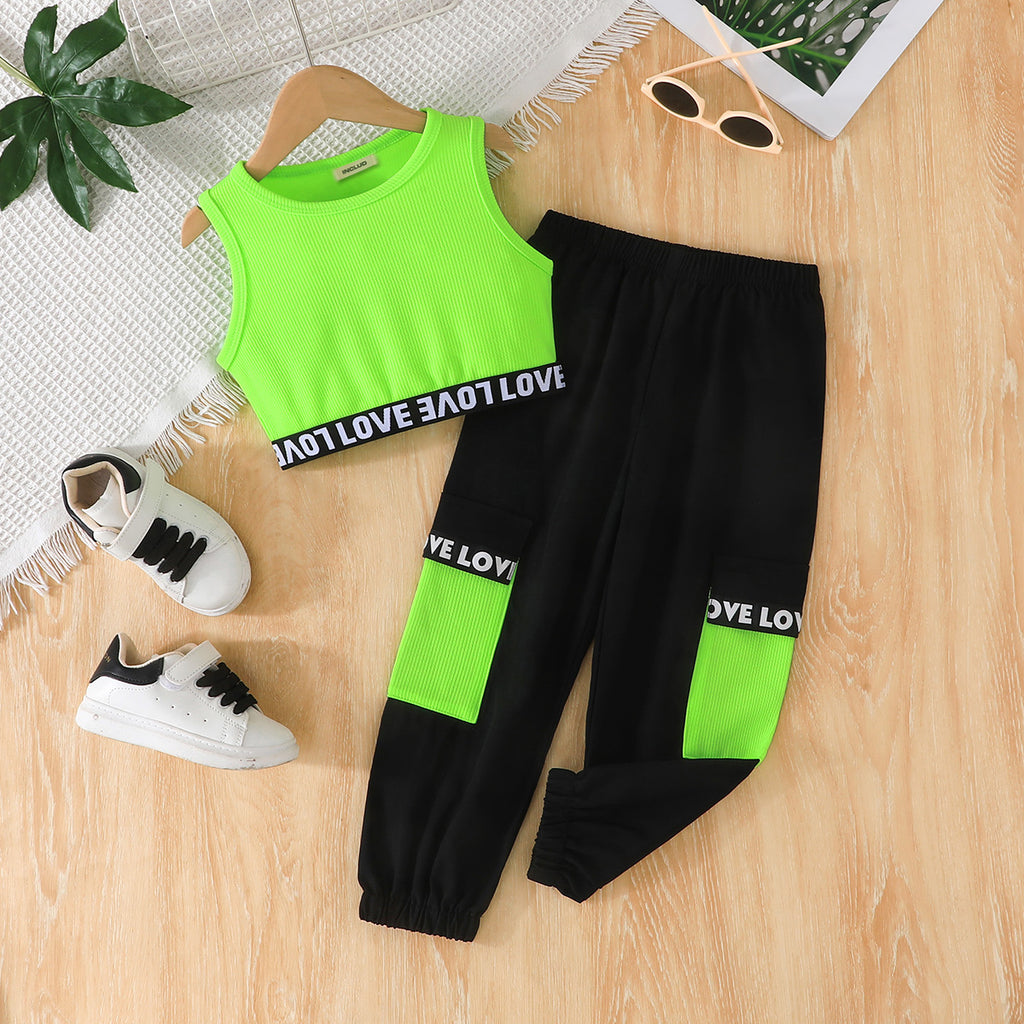 Girls Green Sleeveless Crop Top With Elasticated Hem Pants Set 2 pc. Sets