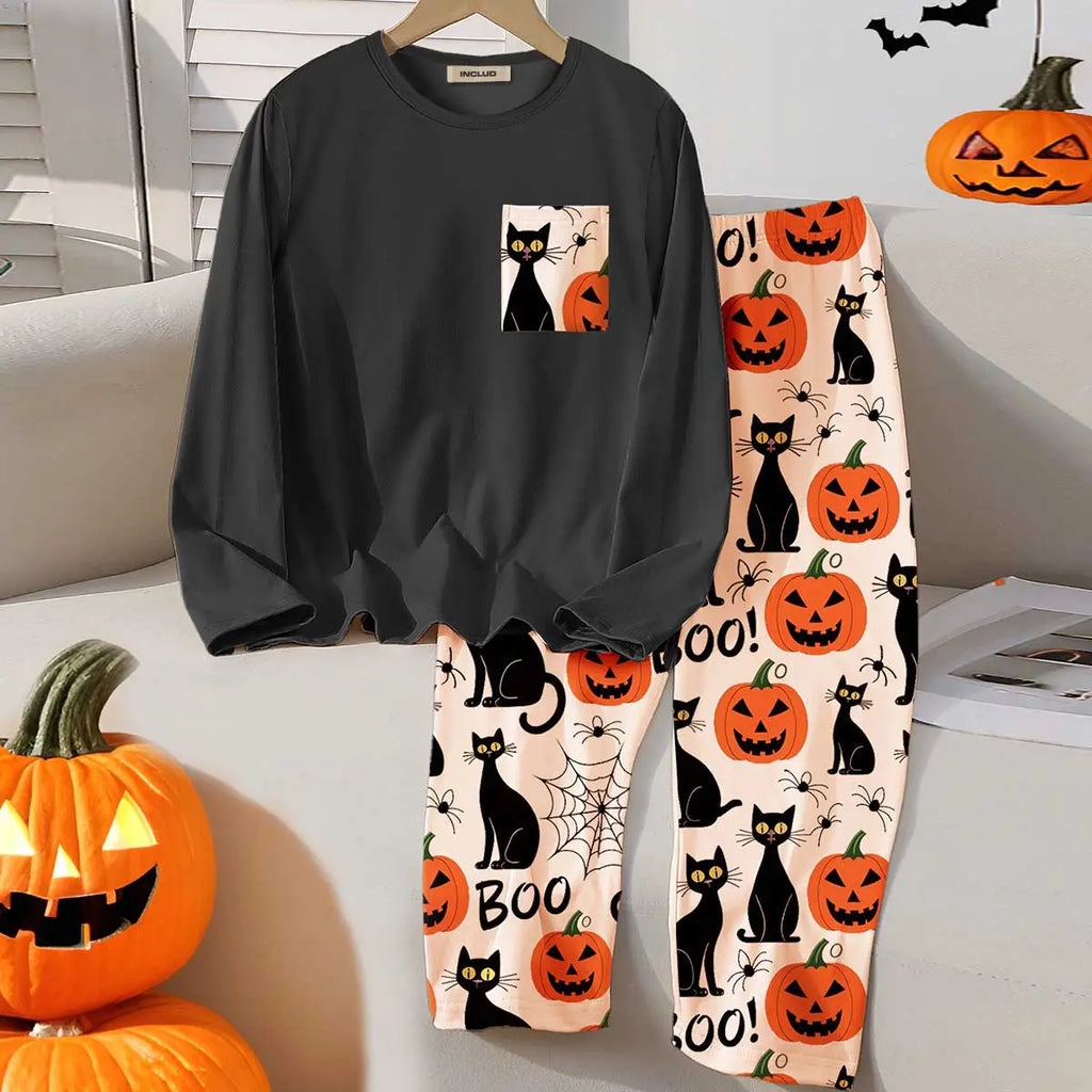 Girls Grey Long Sleeves T-Shirt With Halloween Pumpkin Printed Pajama Sets 2 pc. Sets Grey 7-8 Y