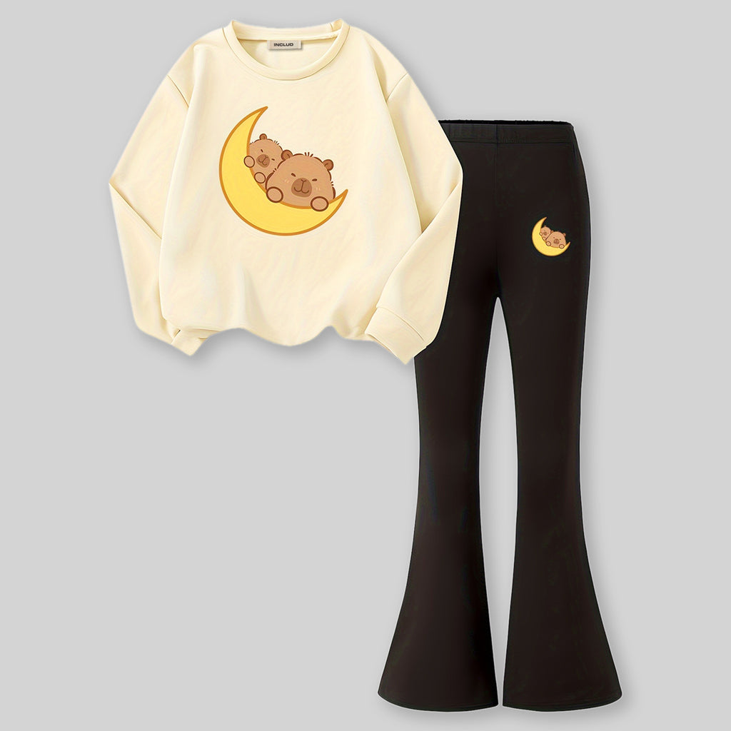 Girls Apricot Moon Graphics Sweatshirt With Flared Pants Sets 2 pc. Sets Apricot 7-8 Y