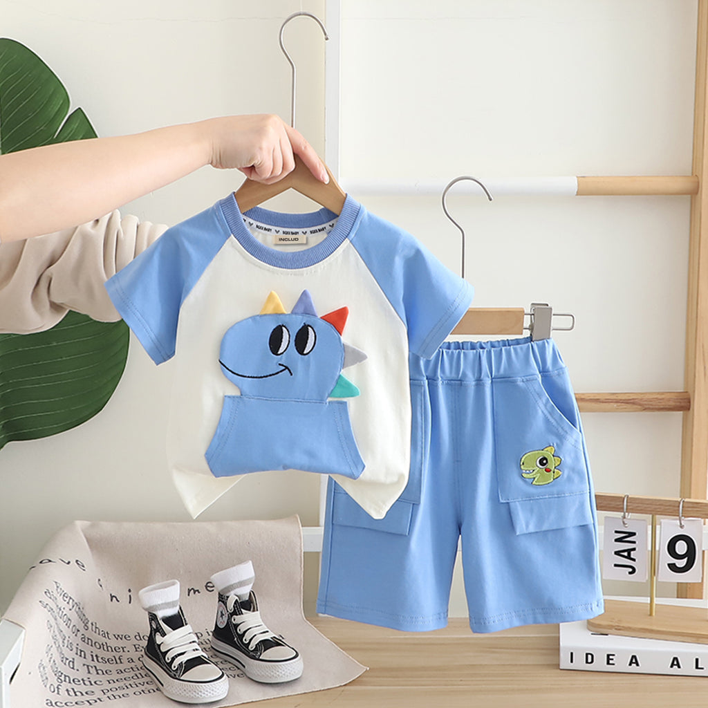 Boys Blue Dino Patchwork Raglan Sleeve T-shirt with Shorts Set Sets Blue 1-2 Y