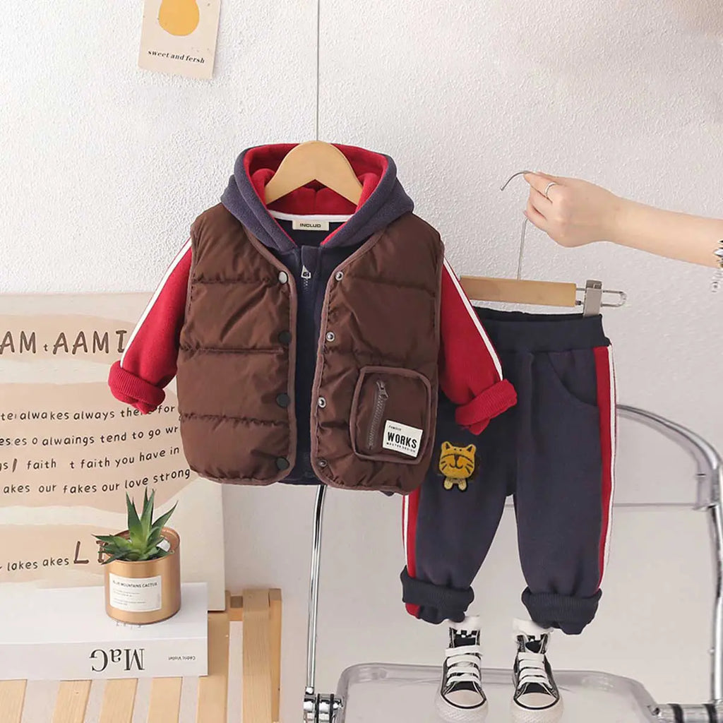 Boys Navy Blue Hooded Zipper Jacket With Puffer Vest & Jogger Sets Sets Navy Blue 1-2 Y