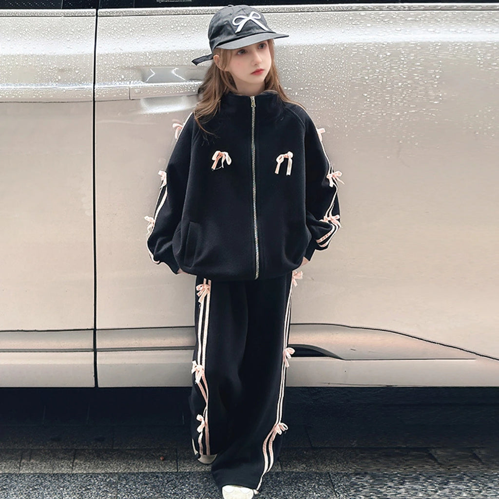 Girls Black Bow Detailed Oversized Zip-up Jacket With Pants Co-ord Sets Sets Black 5-6 Y