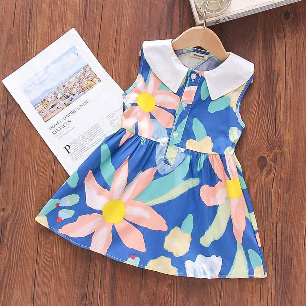 Girls Peter Pan Collar Floral Print Dress Casual Dresses Blue 1-2 Y 