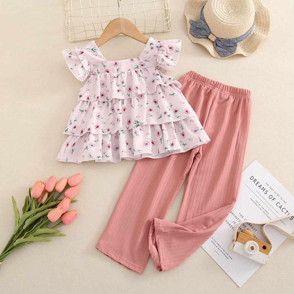 Girls Floral Print Square Neck Top With Pants (Copy) Sets Pink 2-3 Y