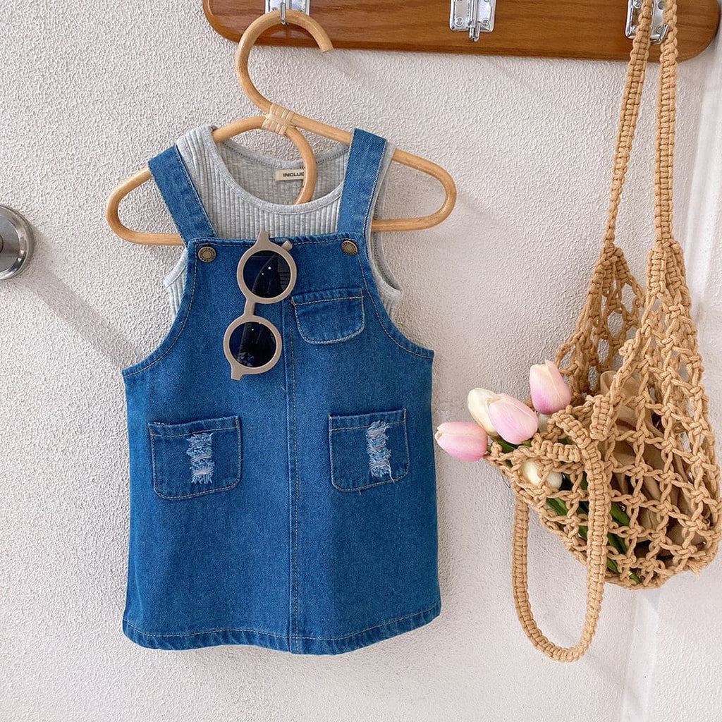Girls Tank Top with Denim Pinafore Set Casual Dresses Blue 2-3 Y 