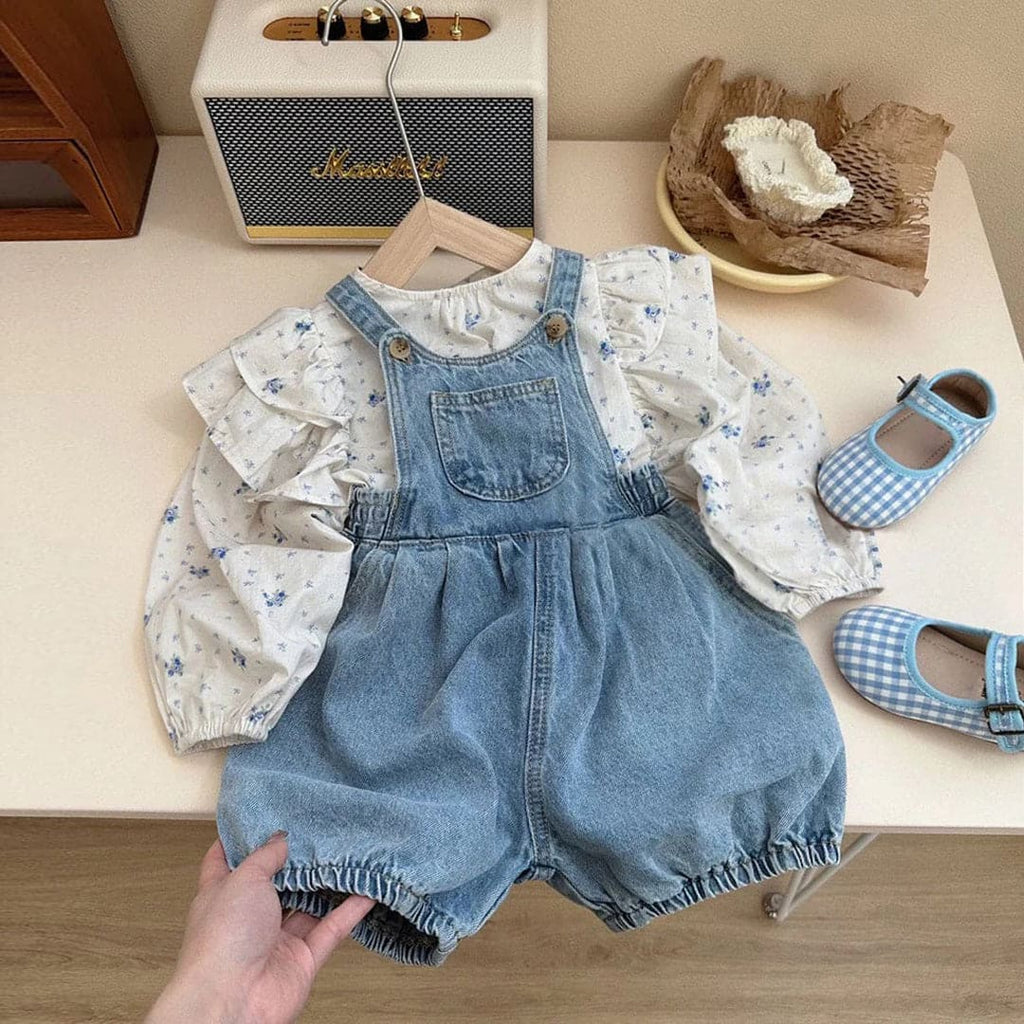 Girls Long Sleeve Printed Top With Denim Dungaree Sets Blue 2-3 Y 