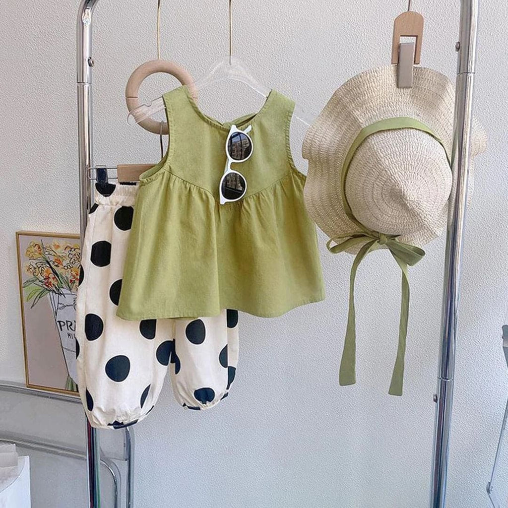 Girls Sleeveless Top With Polka Dots Print Pants Sets Green 1-2 Y 