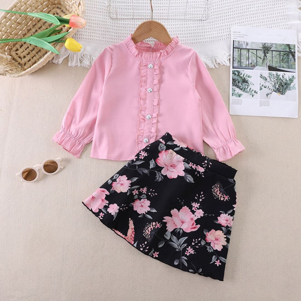 Girls Long Sleeve Frill Neck Top With Printed Skirt Sets Pink 1-2 Y 