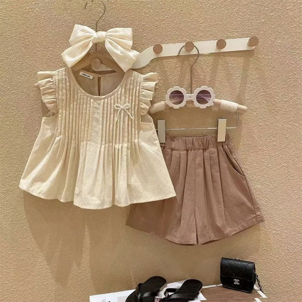 Girls Pintucks Top with Shorts Set Sets Apricot 2-3 Y 