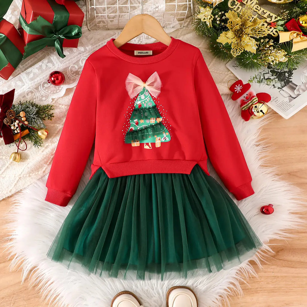 Girls Red Christmas Tree Printed Sweatshirt Dress With Bow Applique Casual Dresses Red 3-4 Y