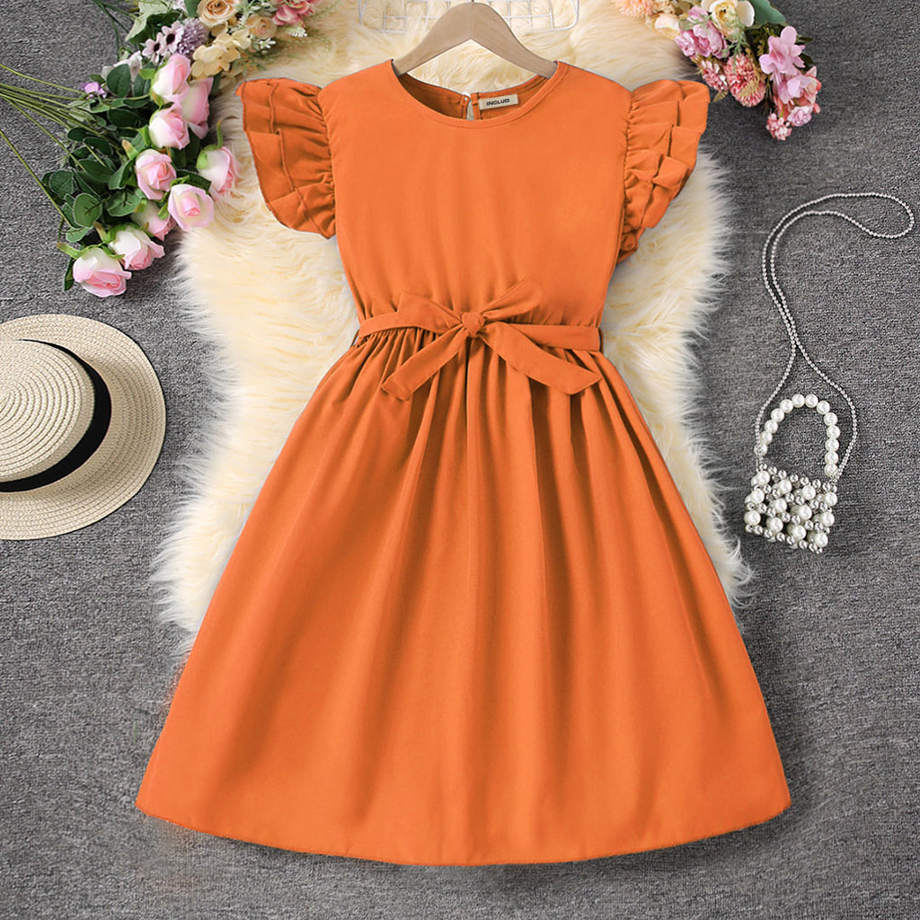 Girls Orange Flutter Sleeves Casual Dress Casual Dresses Orange 8-9 Y