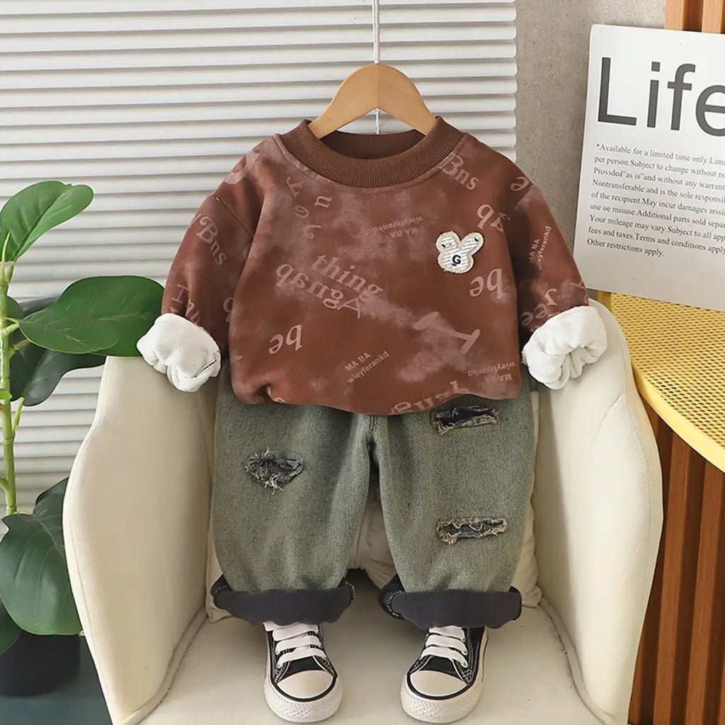 Boys Brown Typographic Regular Sweatshirt With Denim Trousers Sets 2 pc. Sets Brown 1-2 Y