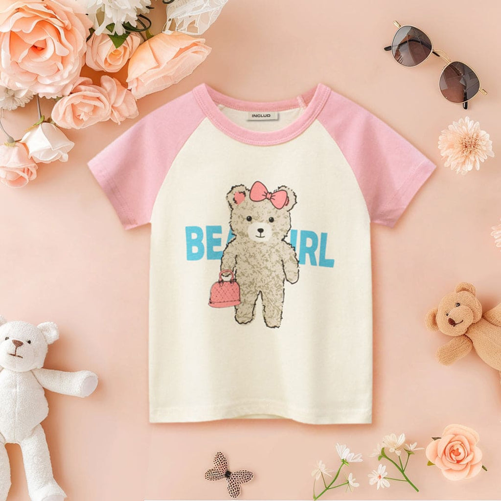 Girls Teddy Print Short Sleeves T-shirt Tshirts Pink 1-2 Y 