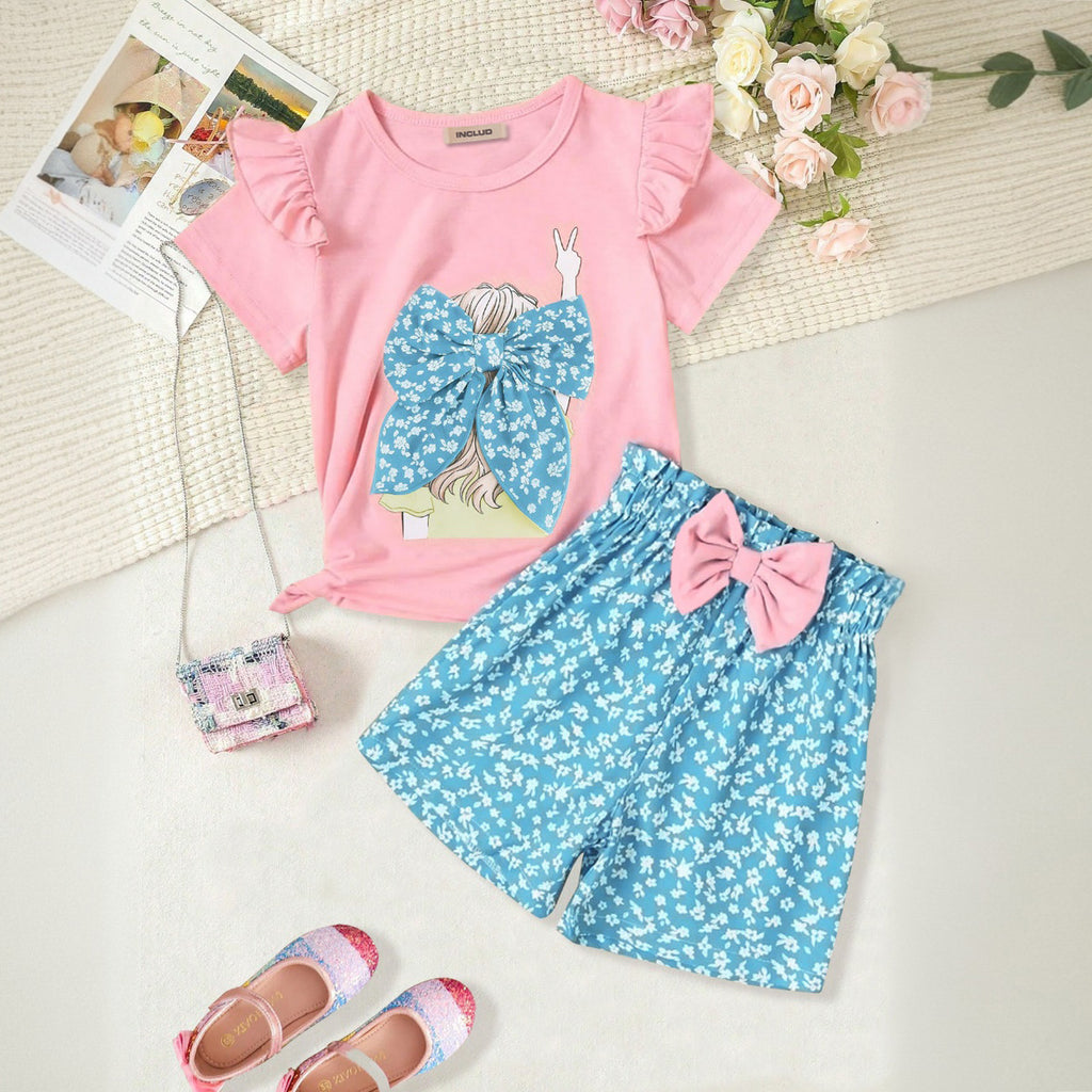 Girls Pink Graphic Print Short Sleeve T-Shirt With Floral Print Short Set 2 pc. Sets Pink 3-4 Y