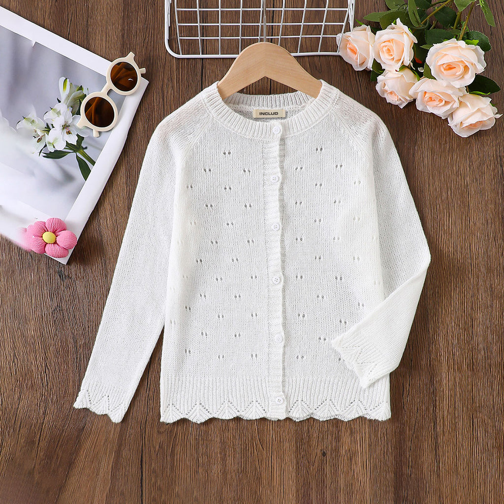 Girls White Textured Full Sleeves Cardigan Sweaters & Cardigans White 3-4 Y