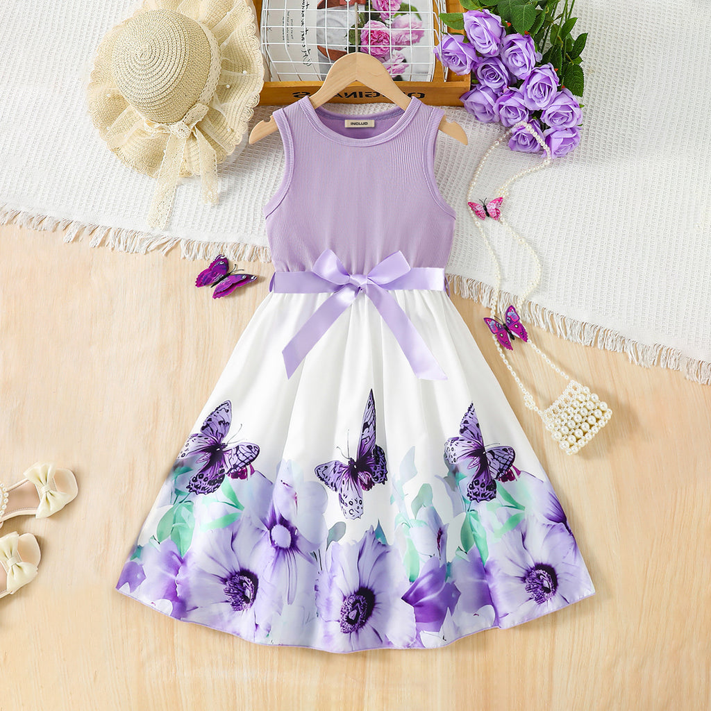 Girls Lilac Purple Floral Printed Fit And Flared Midi Casual Dress Casual Dresses Purple 3-4 Y