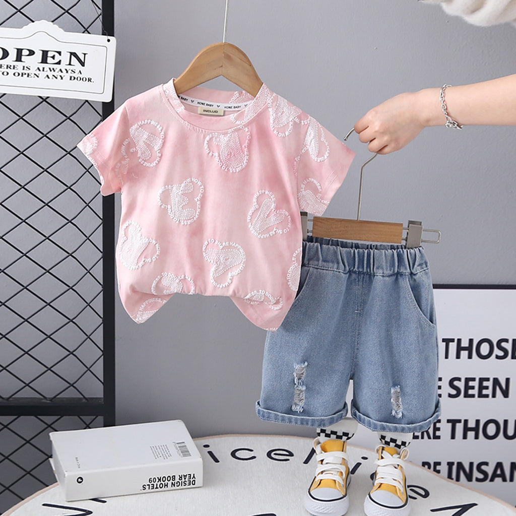 Girls Pink Puff Print Short Sleeve T-Shirt With Denim Shorts Set 2 pc. Sets Pink 1-2 Y
