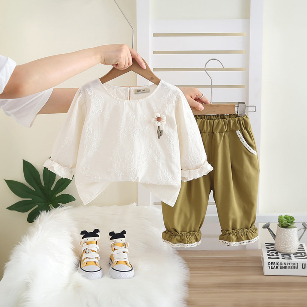 Girls Green Self Butterfly Designed Top With Pant Set 2 pc. Sets Green 1-2 Y