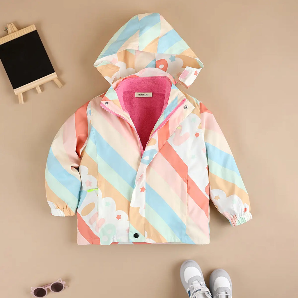 Girls Pink Diagonal Stripe Printed Hooded Zipper Jacket Coats & Jackets Pink 3-4 Y