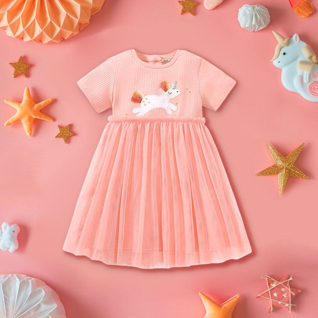 Girls Short Sleeve Unicorn Patchwork Tulle Overlay Dress Casual Dresses Peach 1-2 Y 