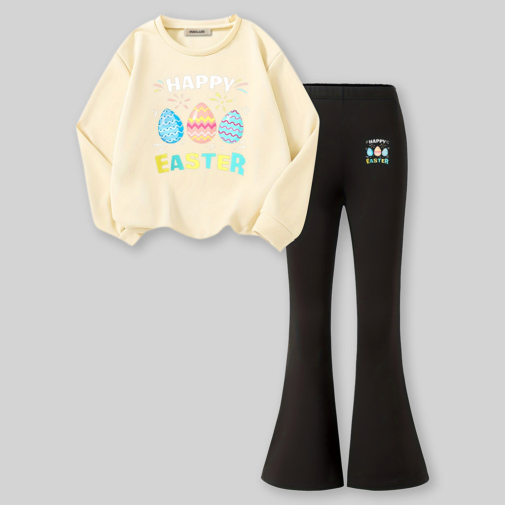 Girls Apricot Typographic Printed Sweatshirt With Flared Pants Sets 2 pc. Sets Apricot 7-8 Y
