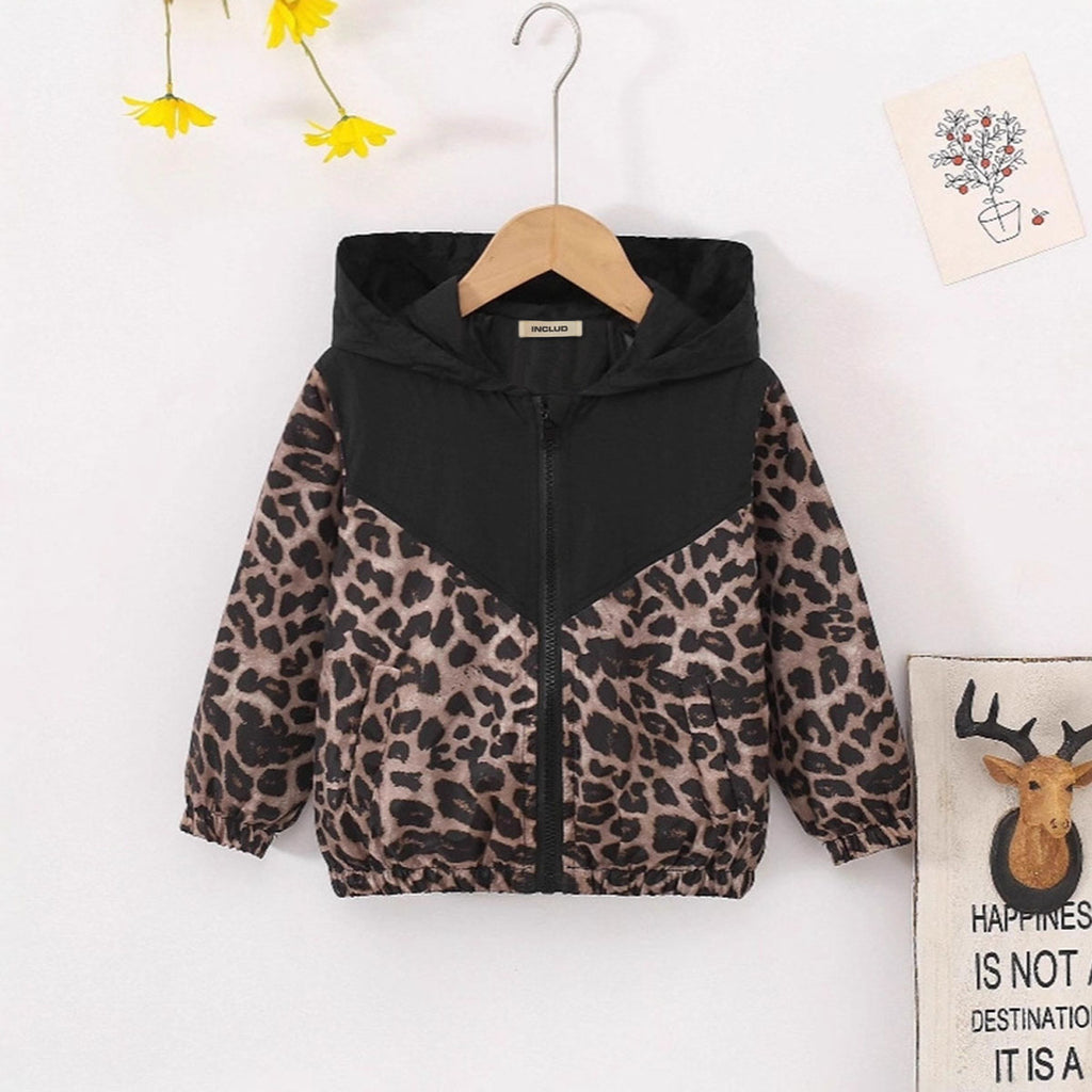 Girls Black Leopard Printed Hooded Zip-Up Jacket Coats & Jackets Black 1-2 Y