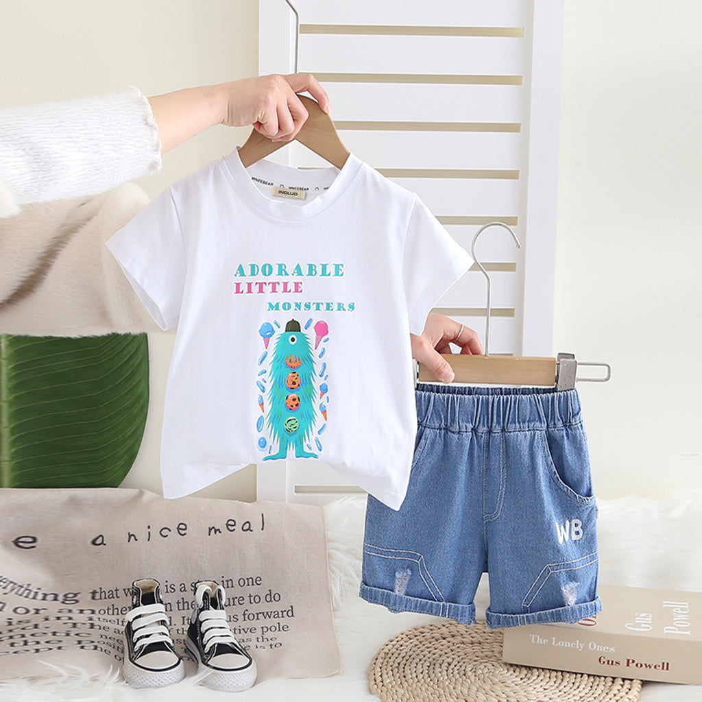 Boys White Graphic Printed Short Sleeves T-Shirt With Denim Shorts Set 2 pc. Sets White 1-2 Y