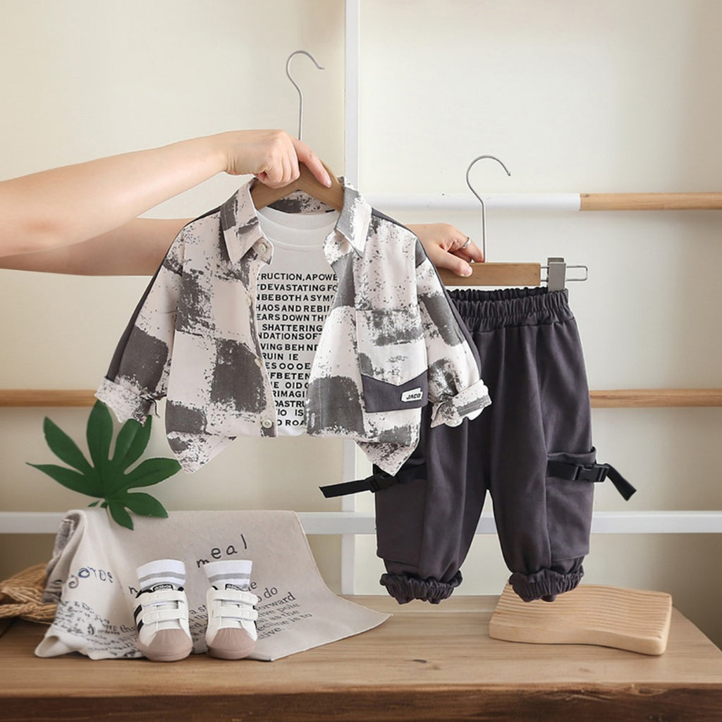 Boys Grey Abstract Print Shirt With T-shirt And Trouser Sets 3 pc. Sets Grey 1-2 Y