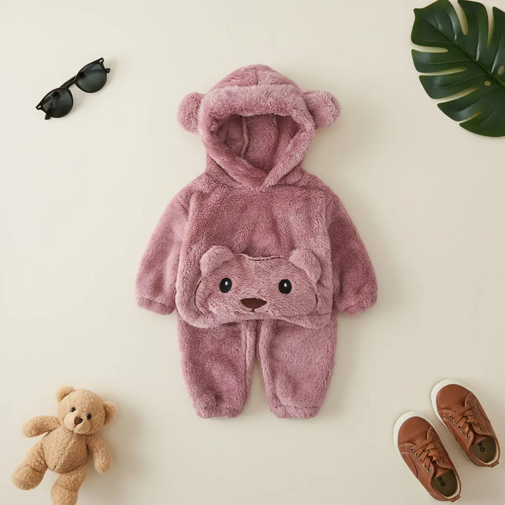 Boys Plush Pink Fleece Bear Themed Hoodie With Jogger Sets Sets Pink 1-2 Y