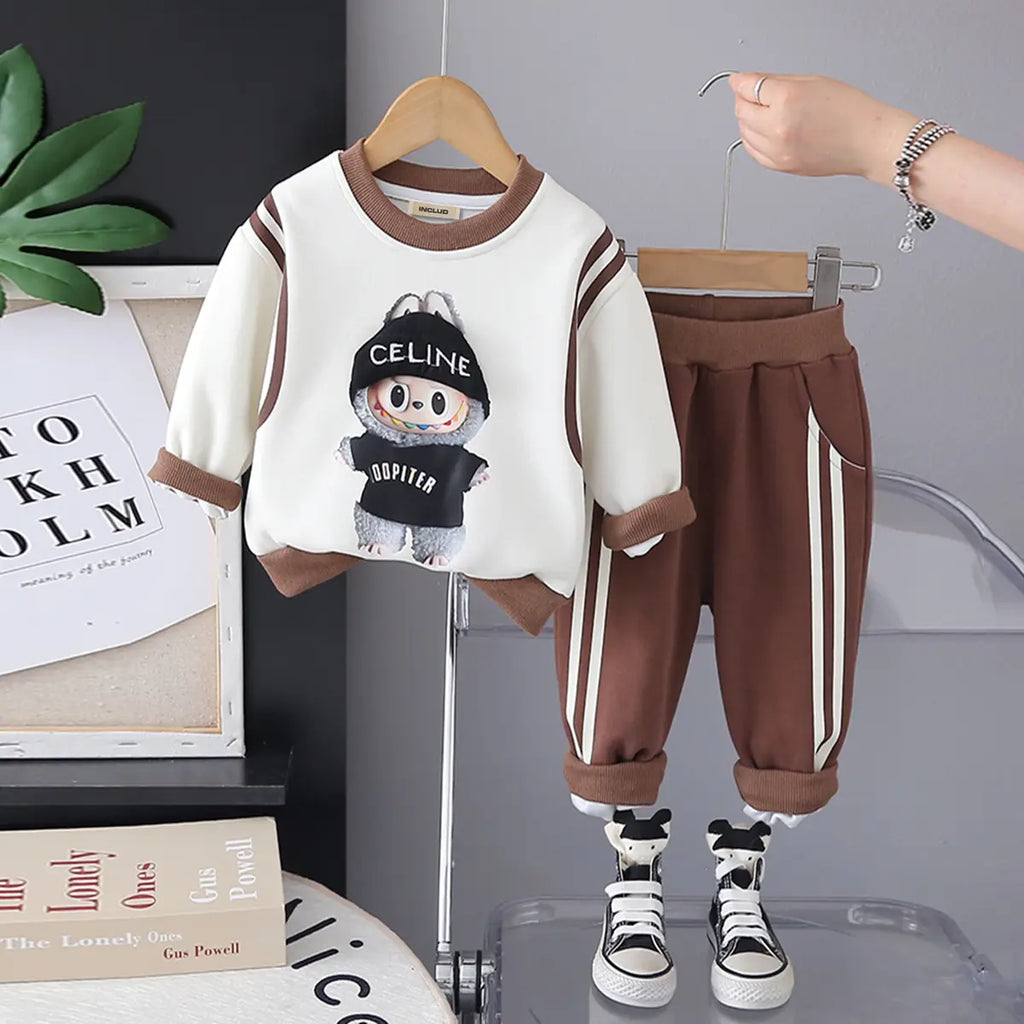 Boys Brown Graphics Printed Sweatshirt With Jogger Sets Sets Brown 1-2 Y
