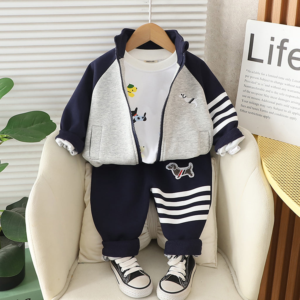 Boys Navy Blue Dog Cartoon Printed Sweatshirt With T-Shirt and Pants Set 3 pc. Sets Navy Blue 1-2 Y