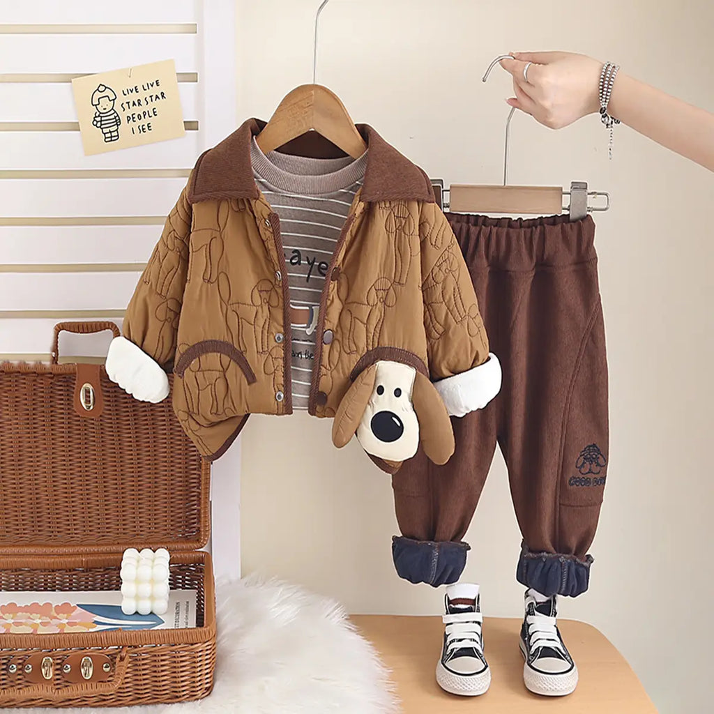 Boys Brown Dog Applique Quailed Jacket With T-Shirt & Jogger Sets Sets Brown 1-2 Y