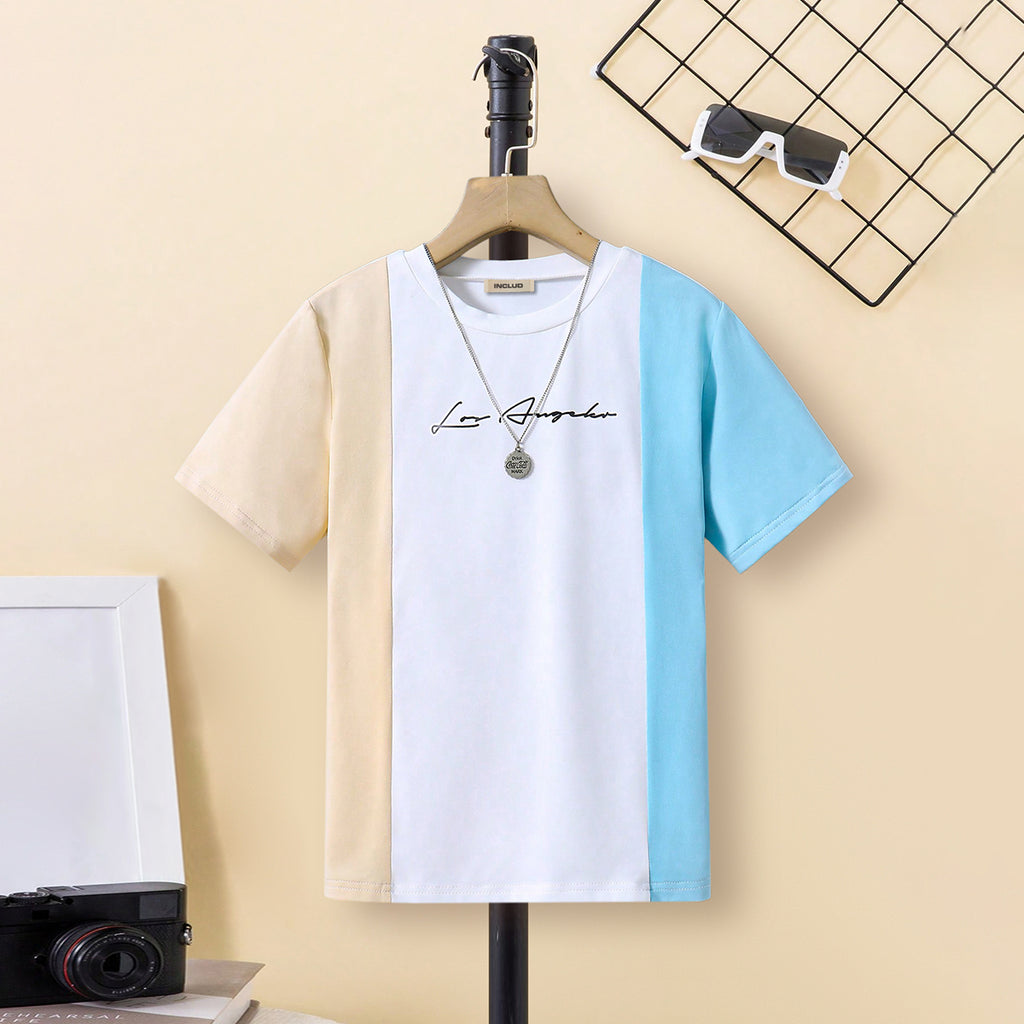 Boys White Vertical Color-blocked Short Sleeves T-Shirt Tshirts