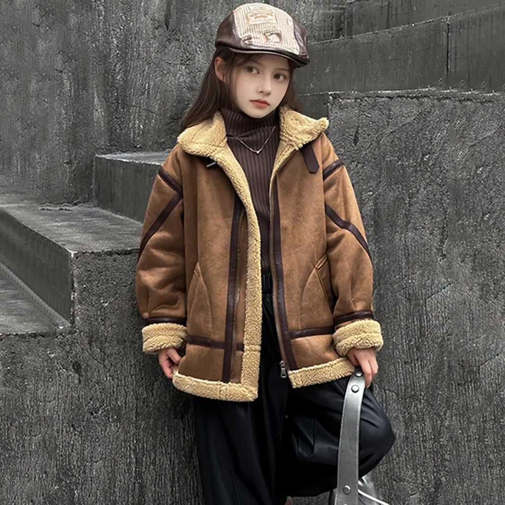 Girls Brown Faux Leather Heavy Jacket With Fleece Lining Coats & Jackets Brown 5-6 Y