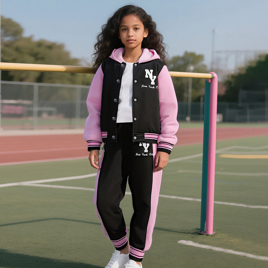 Girls Pink Typographic Printed Front Open Hooded Swetashirt With joggers Set 2 pc. Sets Pink 7-8 Y