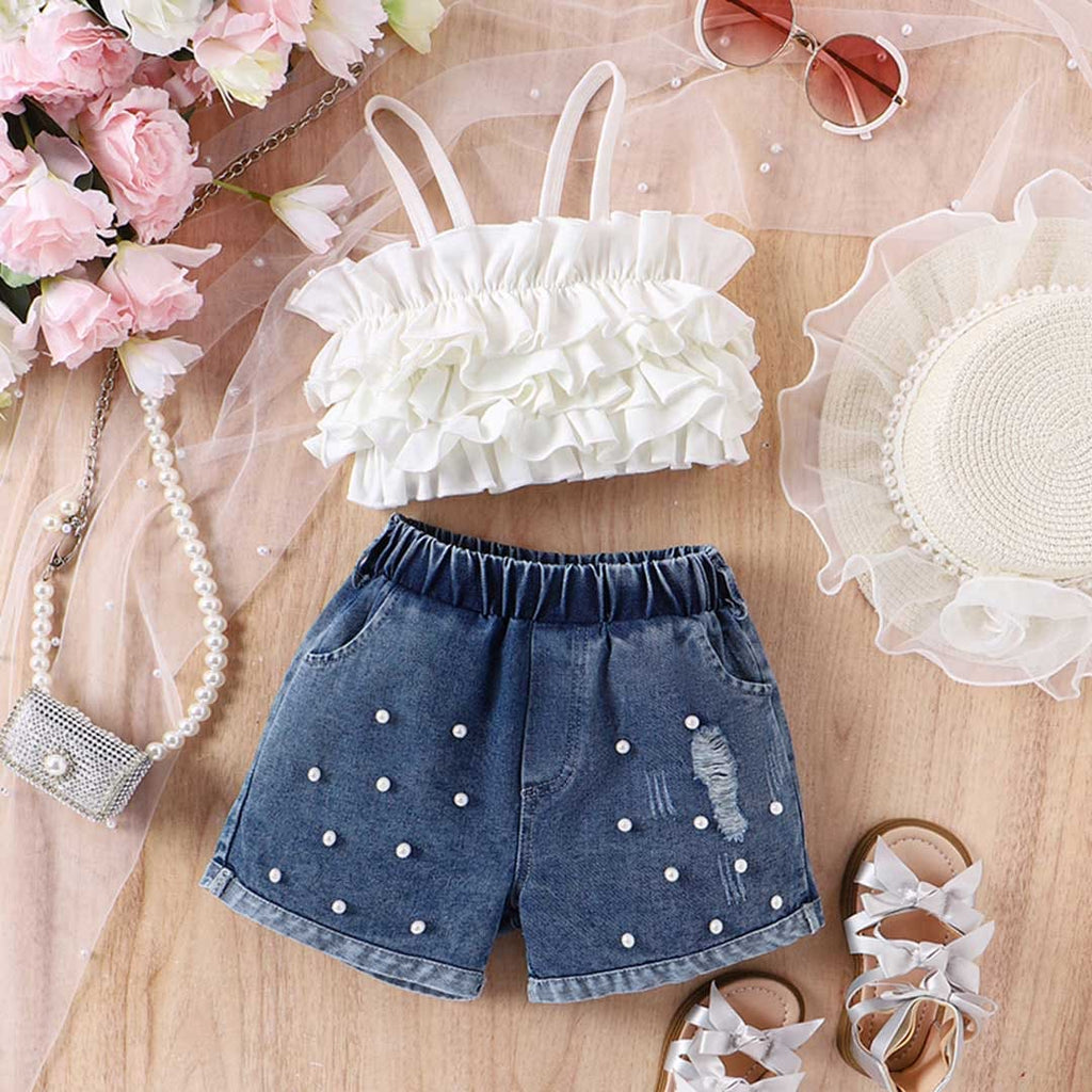 Girls Ruffles Camisole Top With Denim Shorts Set Sets Black 4-5 Y