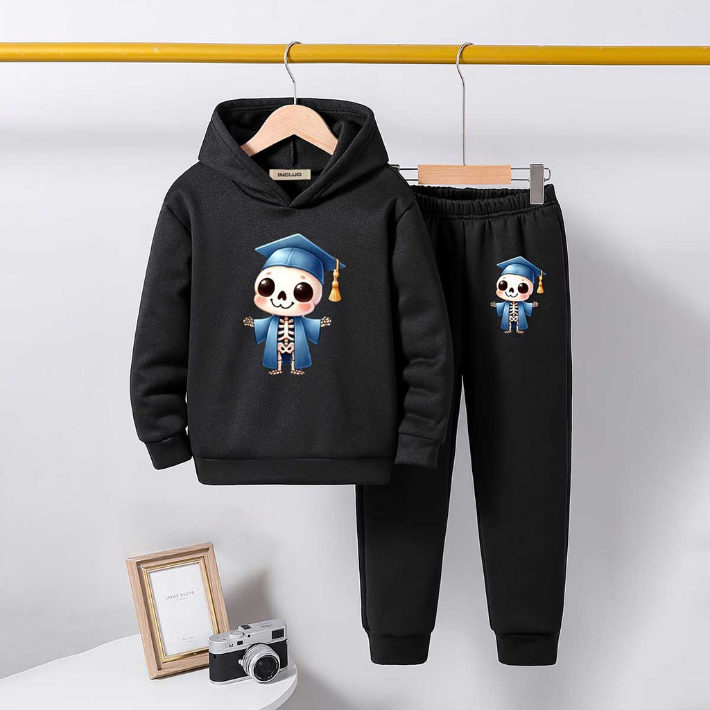 Girls Black Graduation Skeleton Printed Hooded Sweatshirt With Jogger Co-ord Sets 2 pc. Sets Black 5-6 Y