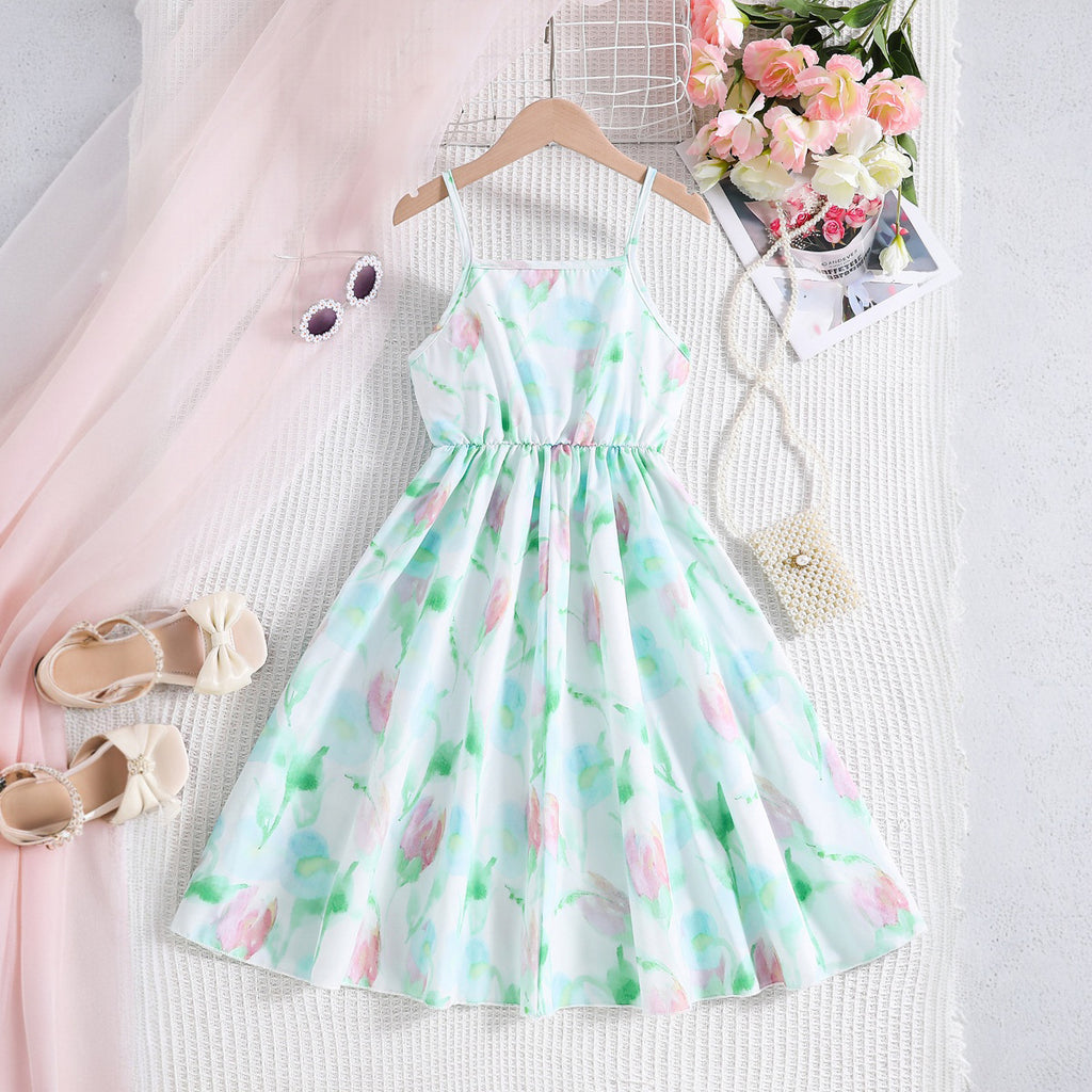 Girls Multicolor Floral Print Sleeveless Strappy Fit & Flare Dress Casual Dresses Multicolor 3-4 Y