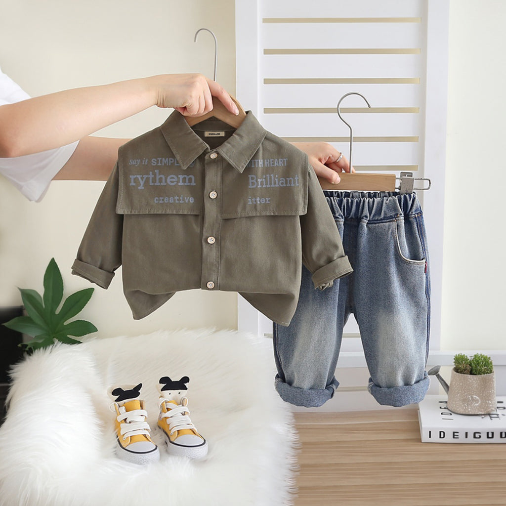 Boys Grey Typographic Printed Shirt With Denim Pants Set 2 pc. Sets Grey 1-2 Y