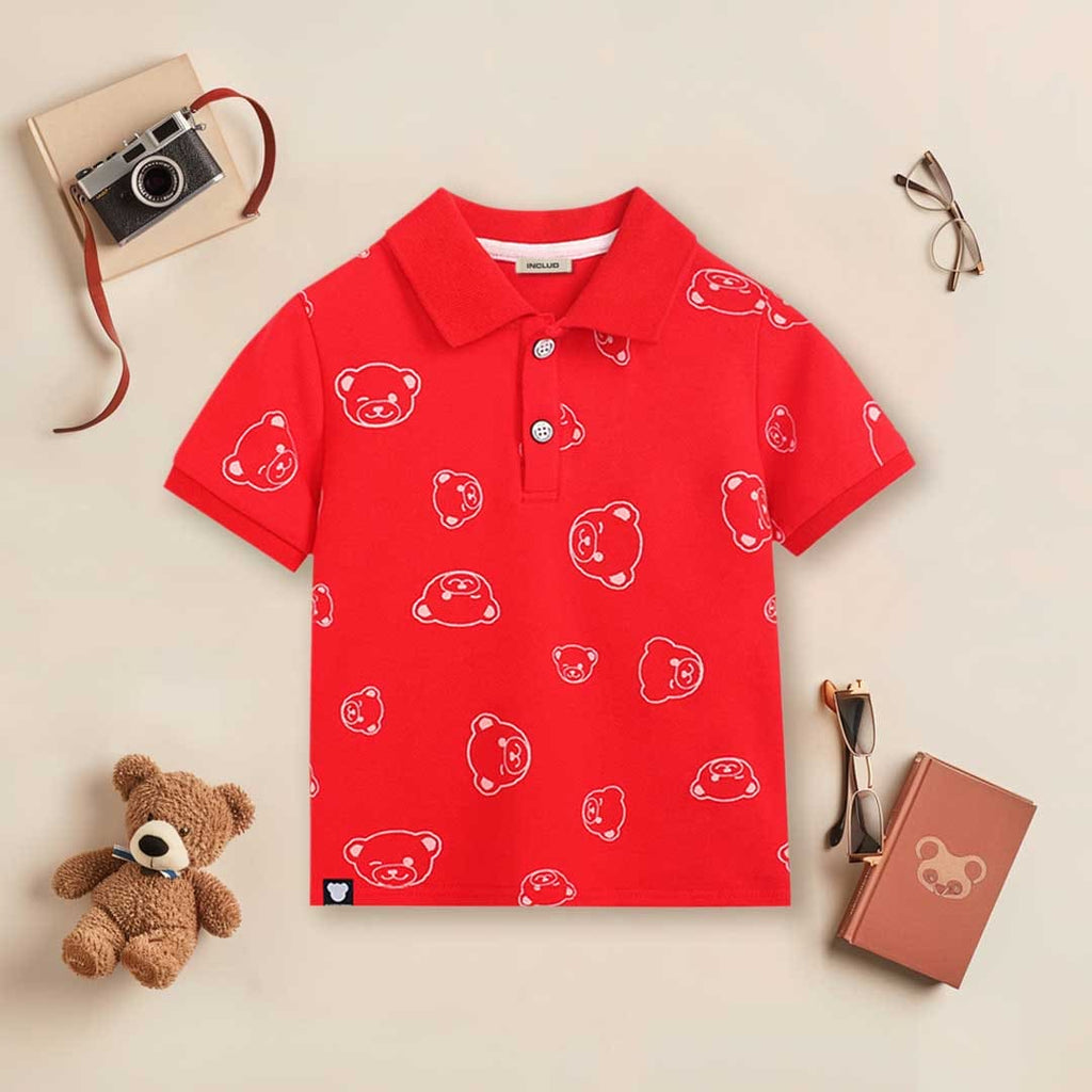 Boys Short Sleeve Bear Printed Polo T-Shirt Tshirts Red 1-2 Y 