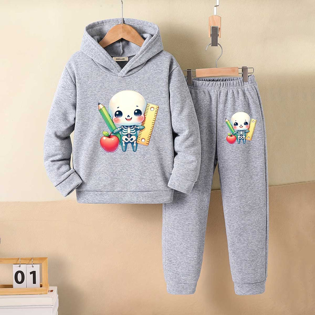 Girls Grey Skeleton Cartoon Printed Hooded Sweatshirt With Jogger Co-ord Sets 2 pc. Sets Grey 5-6 Y