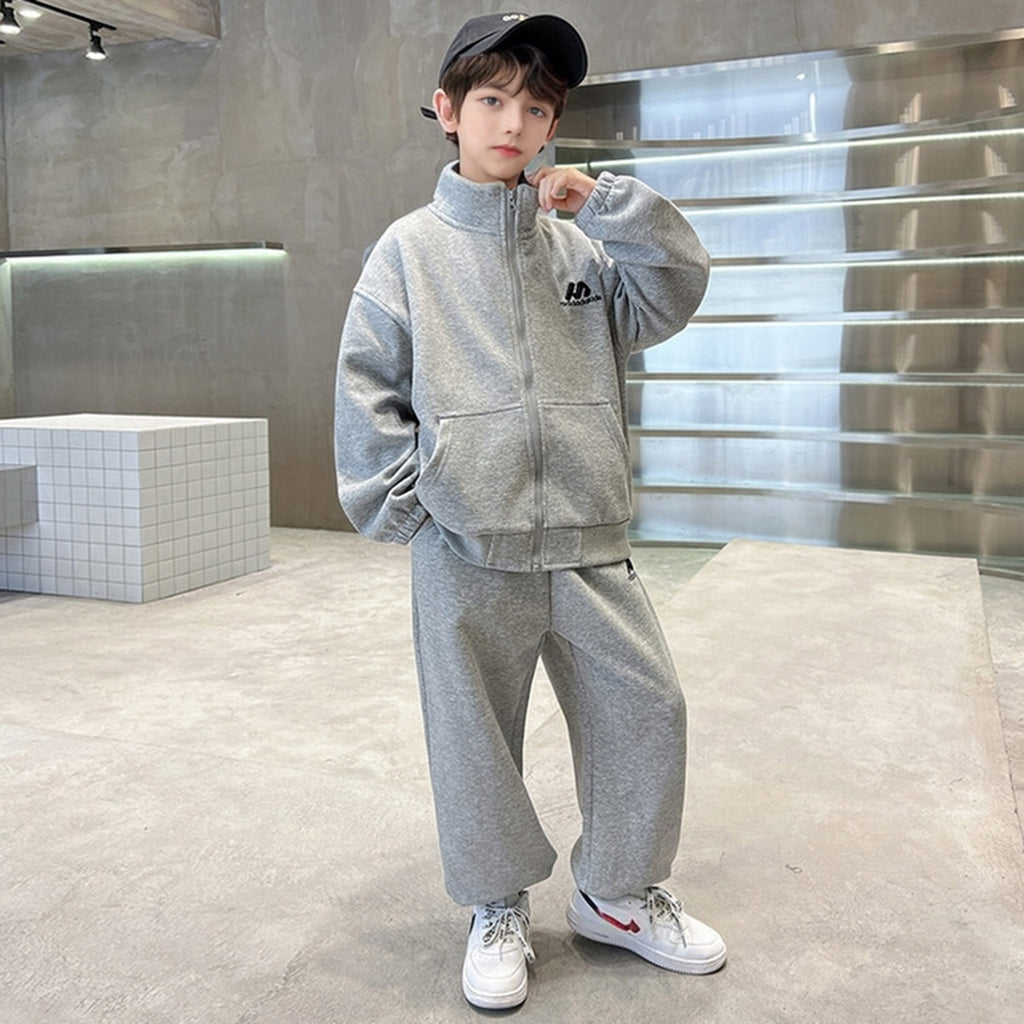 Boys Grey Printed Front Open Sweatshirt With Pants Sets 2 pc. Sets Grey 5-6 Y