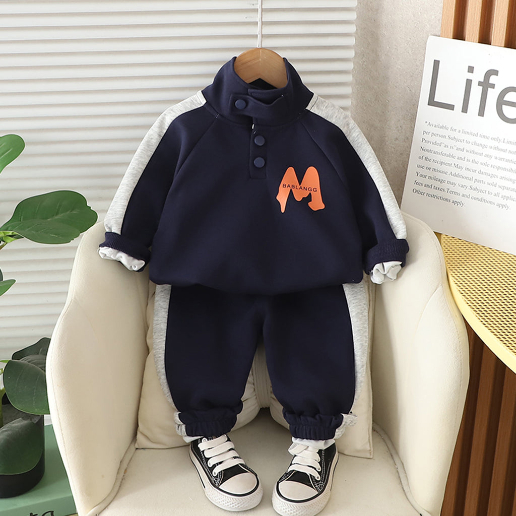Boys Navy Blue M Printed High Neck Sweatshirt With Jogger Set 2 pc. Sets Navy Blue 1-2 Y