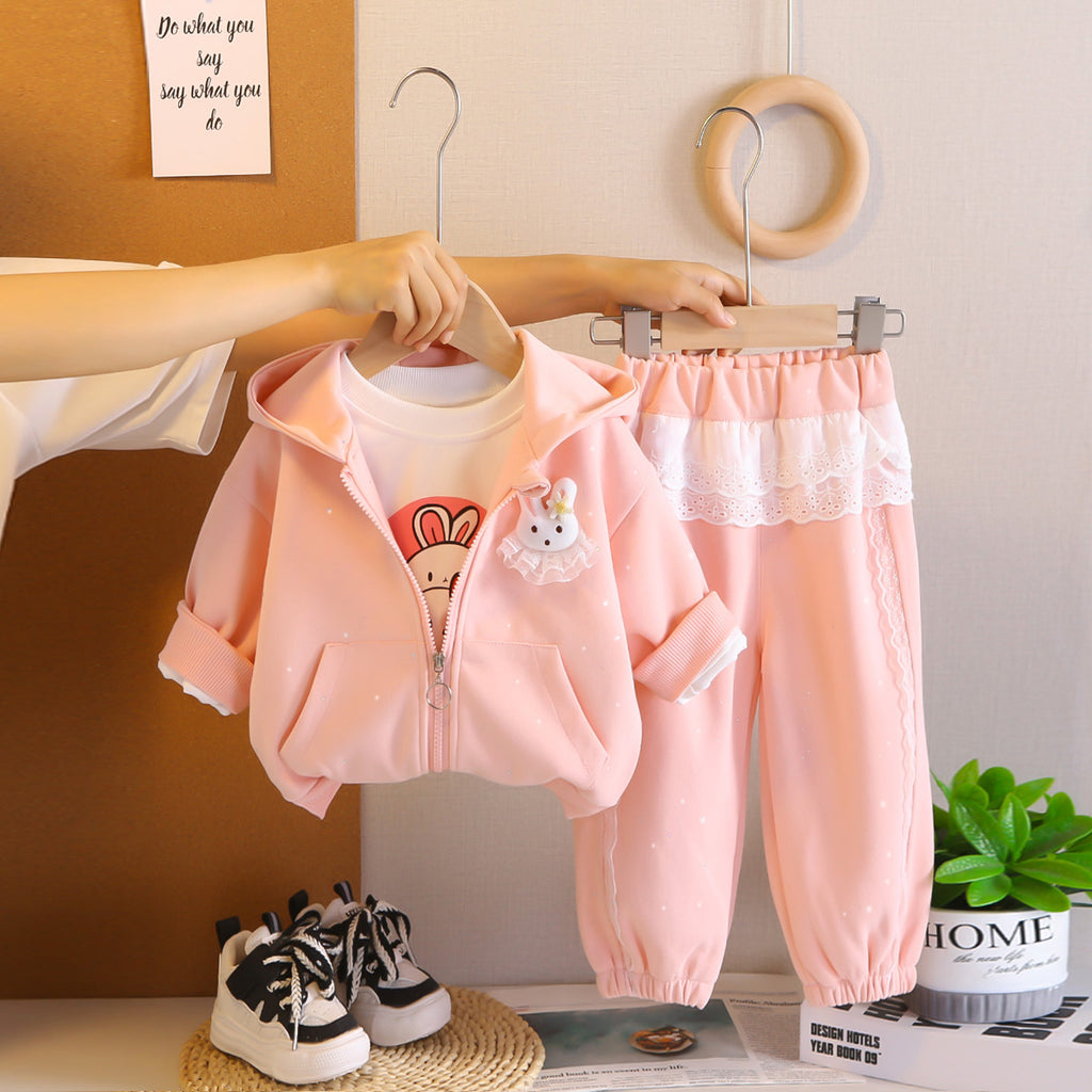 Girls Pink Rabbit 3d Applique Hooded Sweatshirt With T-Shirt & Joggers Set Sets Pink 1-2 Y