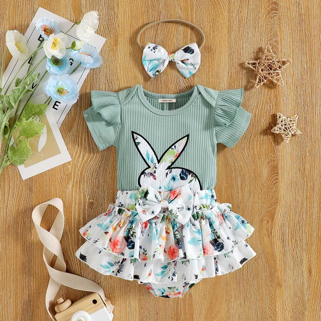 Girls Short Sleeve Knitted T-Shirt With Printed Skirt & Headband Set 3 pc. Sets Green 1-2 Y 