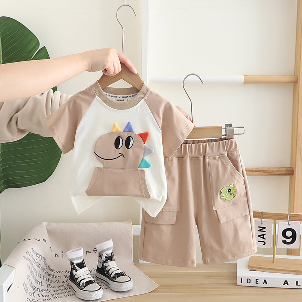 Boys Beige Dino Patchwork Raglan Sleeve T-shirt with Shorts Set Sets Beige 1-2 Y