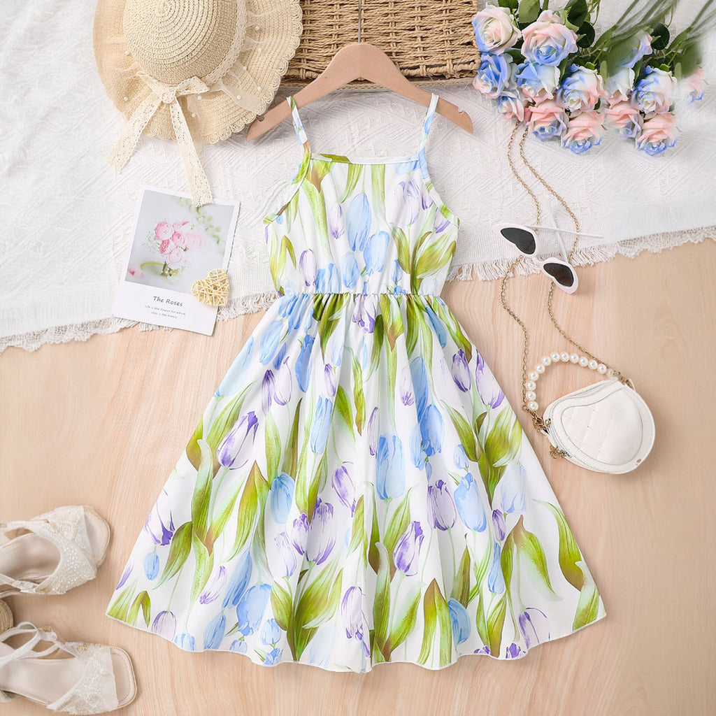 Girls Multicolor Tulip Floral Printed Sleeveless Fit & Flare Dress Casual Dresses Multicolor 3-4 Y