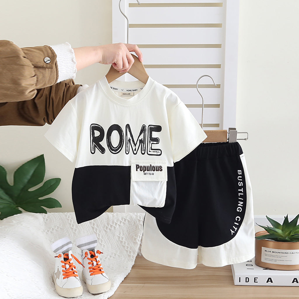 Boys Black Printed T-shirt with Flap Pocket & Shorts Set 2 pc. Sets Black 1-2 Y