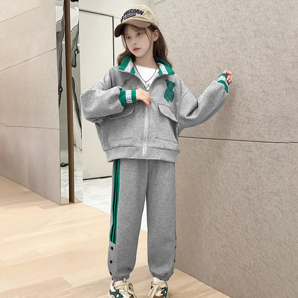 Girls Grey Bear Embroidered Zipper Jacket With Jogger Co-ord Sets Sets Grey 5-6 Y
