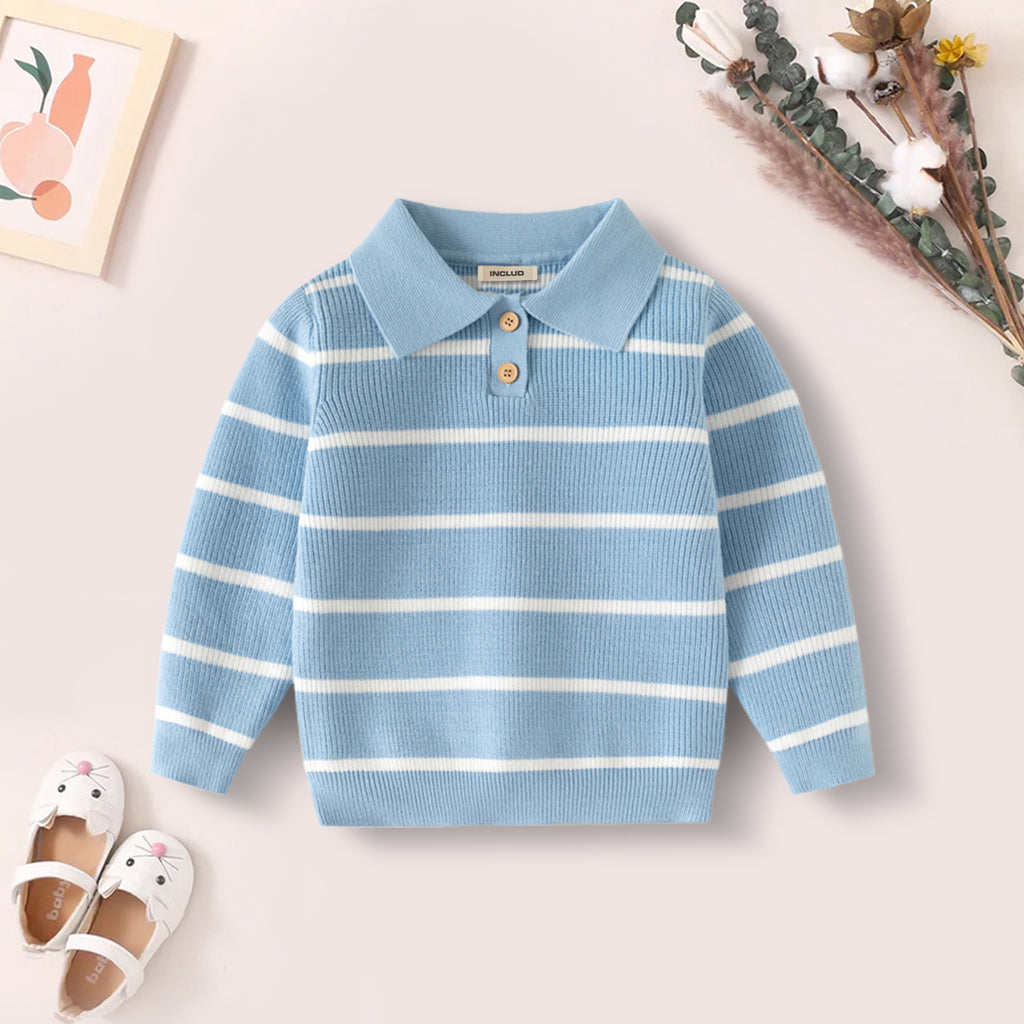 Girls Light Blue Polo Sweater With Self-Design Stripe Patterns Sweaters & Cardigans Light Blue 2-3 Y